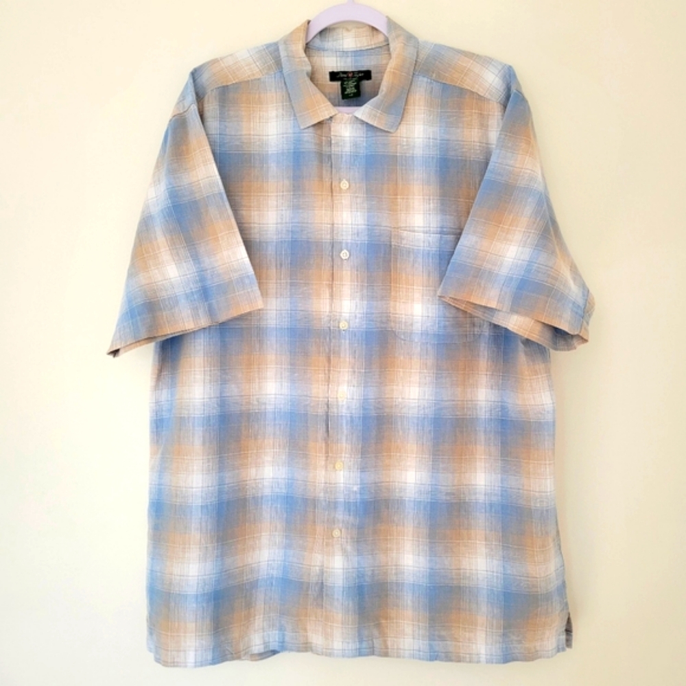 David Taylor Collection Men's Linen Blend Window Pane‎ Short Sleeve Shirts L